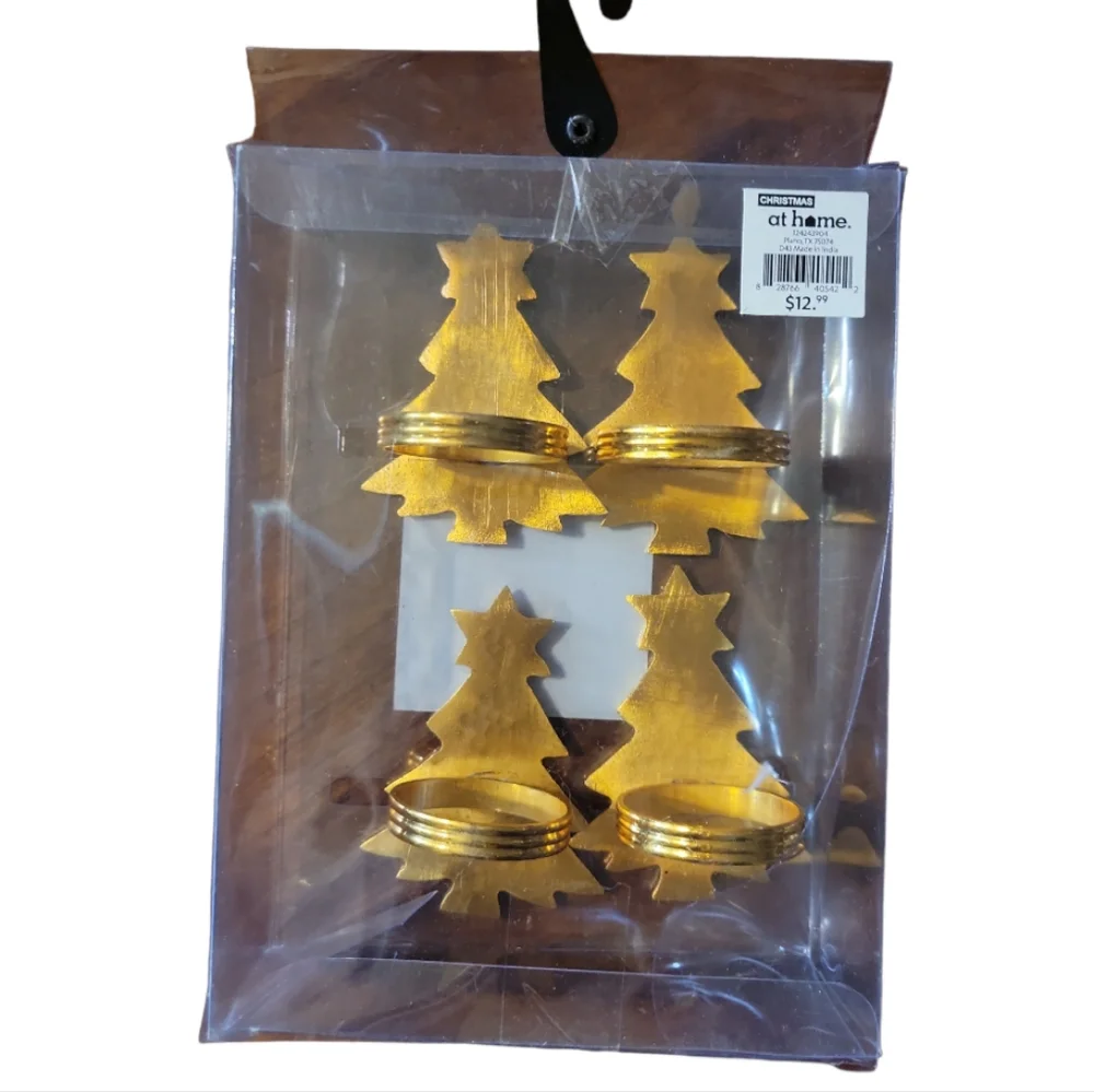 Set Of 4 At Home  Napkin Ring Holders Gold/Brass Colored Christmas Tree Heavy